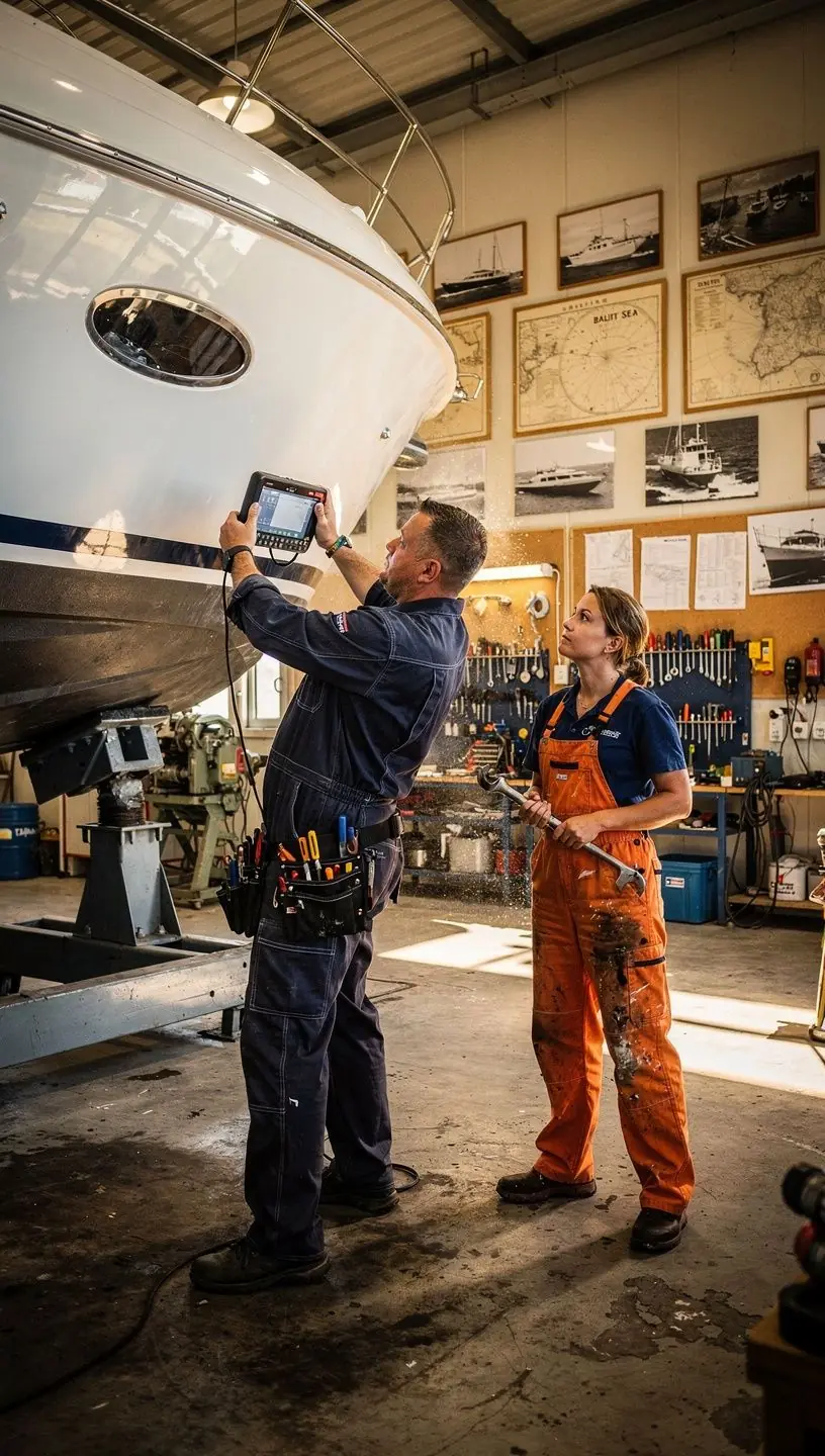 Kuģa apkope, komanda strādā pie jahtas uzsākšanas darbiem.